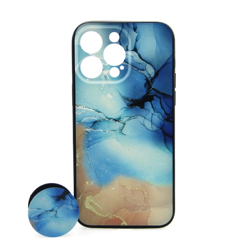 Θήκη MyMobi Blue and Tan Marble Back Cover με Προστασία Κάμερας και Popsocket για iPhone 14 Pro (Design) 