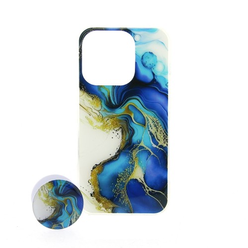 Θήκη Σιλικόνης με Popsocket Back Cover Marble για iPhone 15 Pro (Άσπρο-Μπλε)