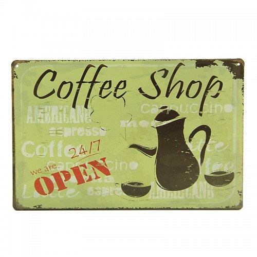 Μεταλλική Διακοσμητική Πινακίδα Τοίχου Coffe Shop Open 20X30