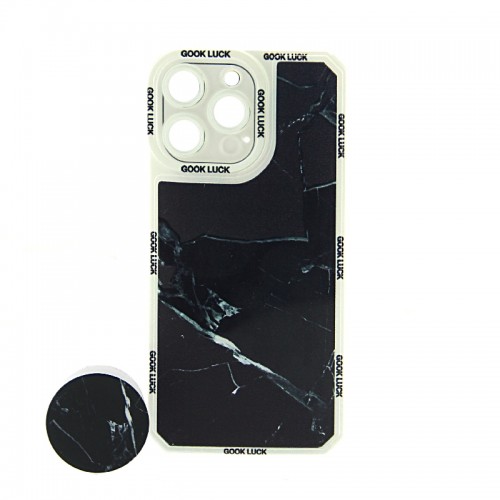 Θήκη Four Sided Airbag Black Marble Back Cover με Προστασία Κάμερας και Popsocket για iPhone 14 Pro (Design) 