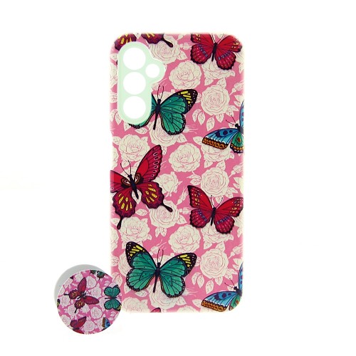 Θήκη με Popsocket και Προστασία Κάμερας Pink Butterfly Back Cover για Xiaomi Redmi 12C (Design)