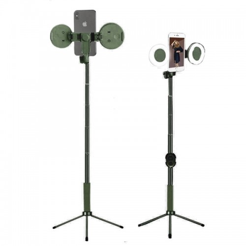 Selfie Stick για Κινητά YB-R12 με Δύο Πλαϊνά Mini LED Ring Lights - Καθρέπτες (Πράσινο)